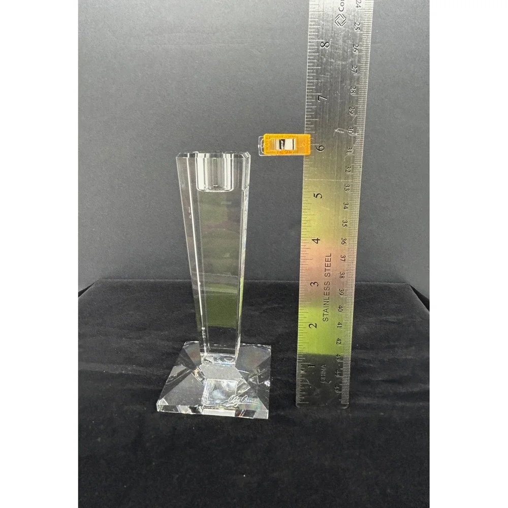 Oleg Cassini Crystal Candlestick Holder Signed Tapered Geometric Clear Glass 6in